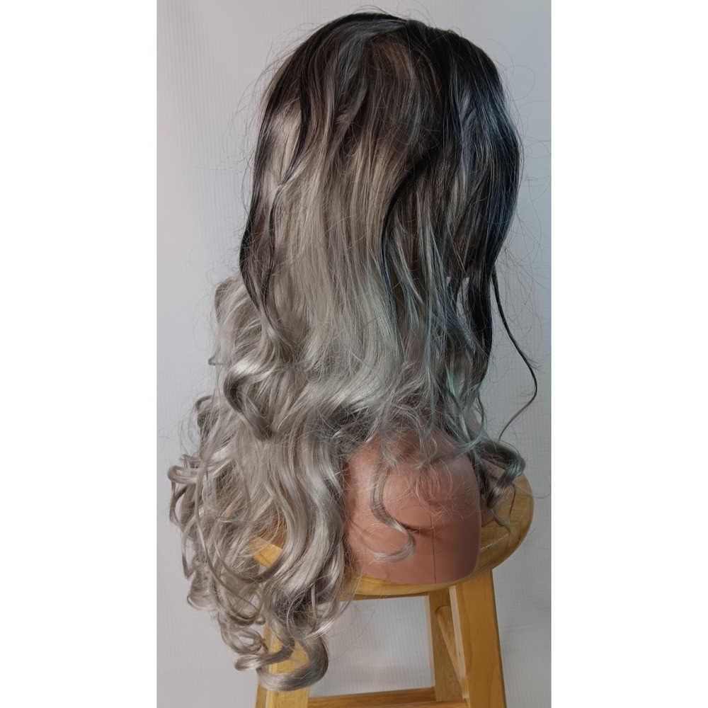 Curly Wavy Long synthetic Black Gray Silver Highlights middle Part hair wig 27" - Picture 6 of 11